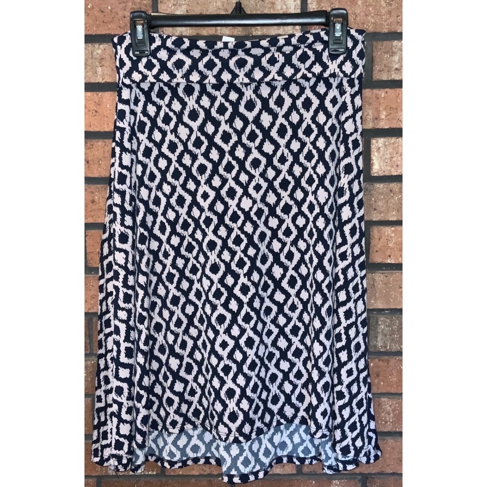 LuLaRoe Azure Skirt Small Navy Blue White‎ Ikat Diamond Geometric Knee Knit S
